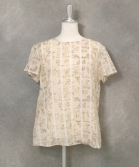 麻100％ストライプ総柄ブラウス(ベージュ)