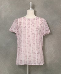 麻100％ストライプ総柄ブラウス(ピンク)