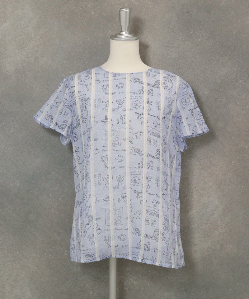 麻100％ストライプ総柄ブラウス(ブルー)