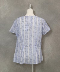 麻100％ストライプ総柄ブラウス後(ブルー)