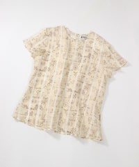 麻100％ストライプ総柄ブラウス(ベージュ)