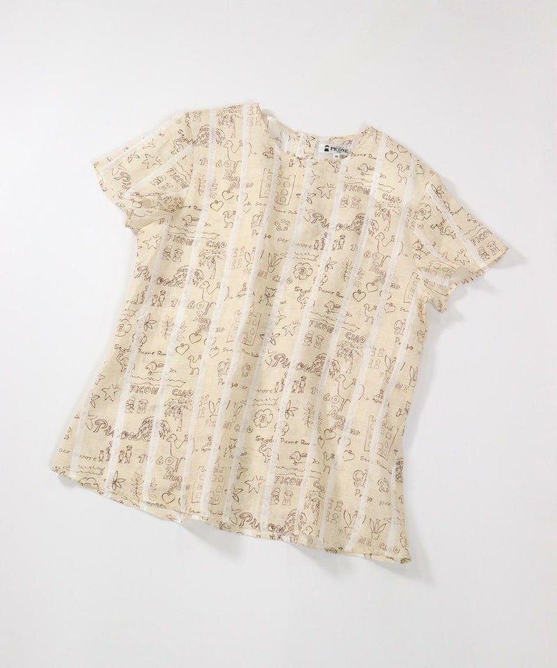 麻100％ストライプ総柄ブラウス(ベージュ)