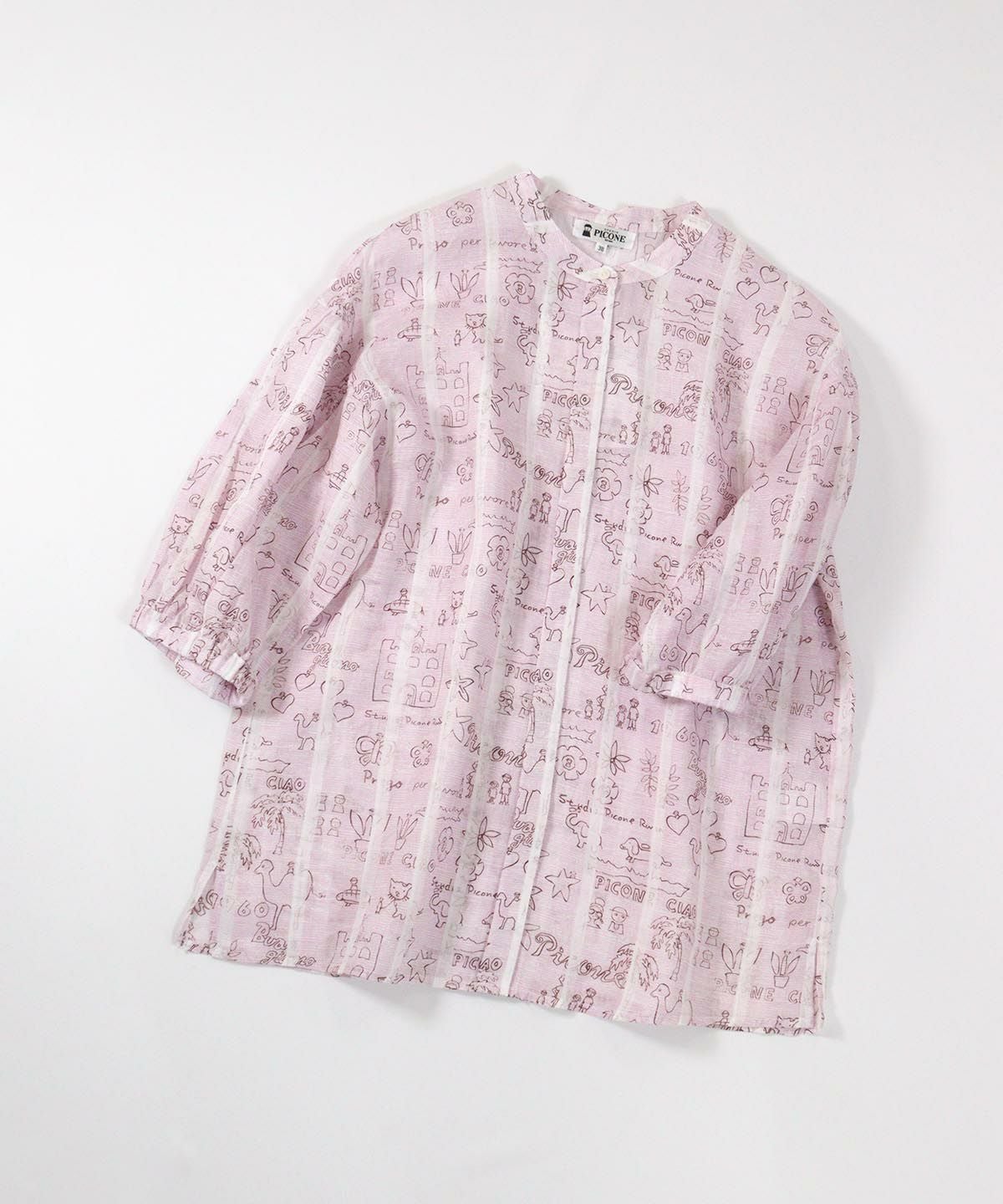 麻100％ストライプ総柄七分袖ブラウス後(ピンク)