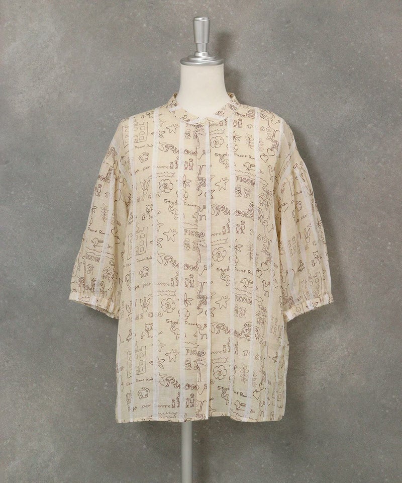 麻100％ストライプ総柄七分袖ブラウス横(ベージュ)