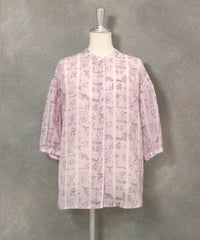 麻100％ストライプ総柄七分袖ブラウス(ピンク)