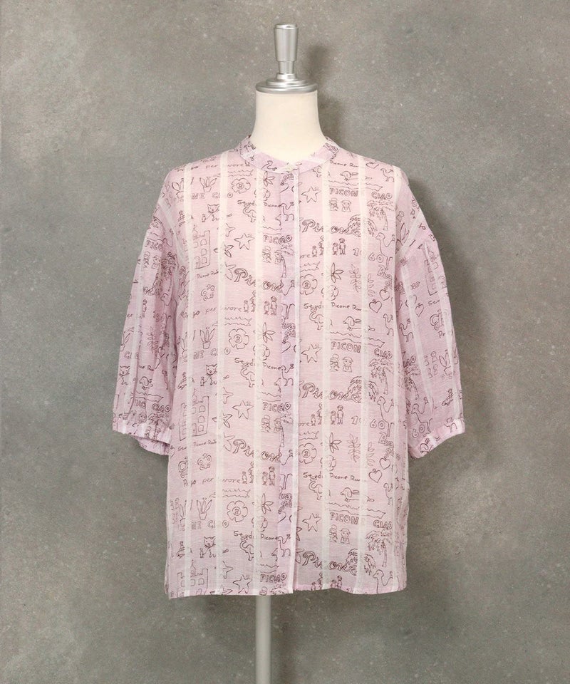 麻100％ストライプ総柄七分袖ブラウス(ピンク)