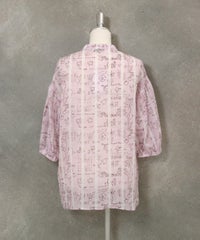 麻100％ストライプ総柄七分袖ブラウス後(ピンク)