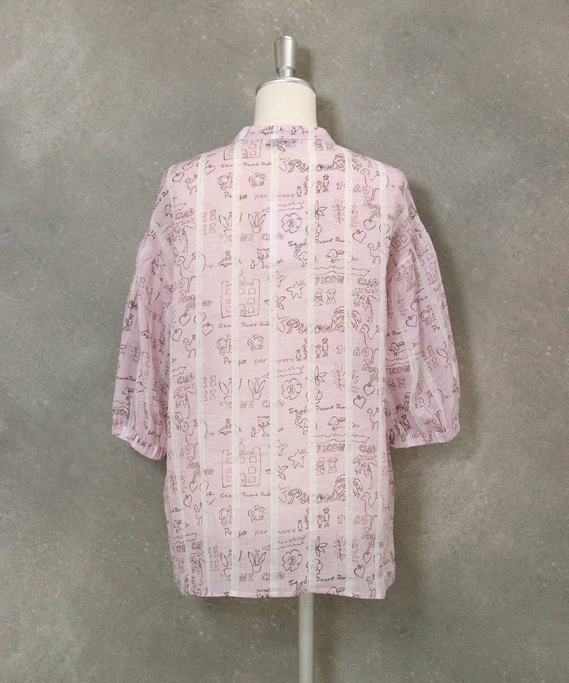 麻100％ストライプ総柄七分袖ブラウス後(ピンク)