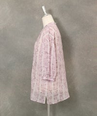 麻100％ストライプ総柄七分袖ブラウス横(ピンク)