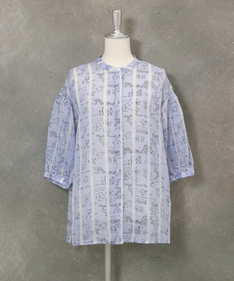 麻100％ストライプ総柄七分袖ブラウス(ブルー)