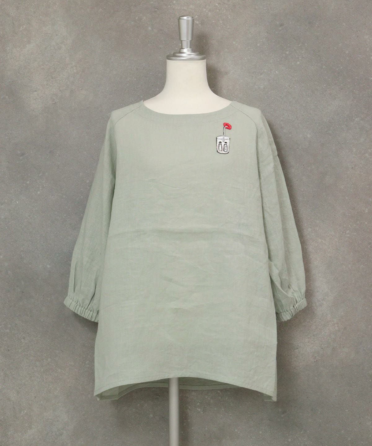 刺繍ワッペン麻100％チュニック(ライトグリーン)