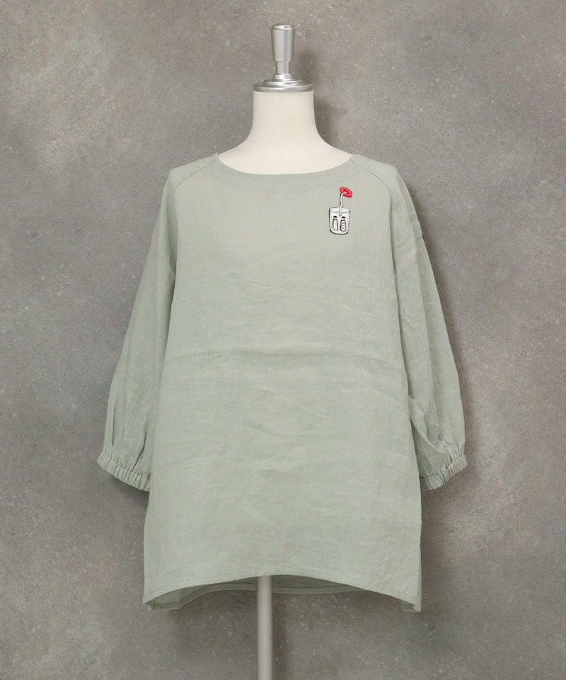 刺繍ワッペン麻100％チュニック(ライトグリーン)