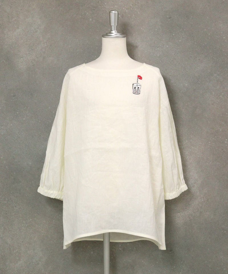 刺繍ワッペン麻100％チュニック(ホワイト)