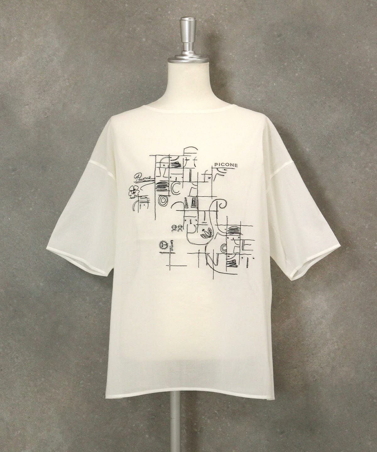 コットン100％線画刺繍プルオーバー(ホワイト)