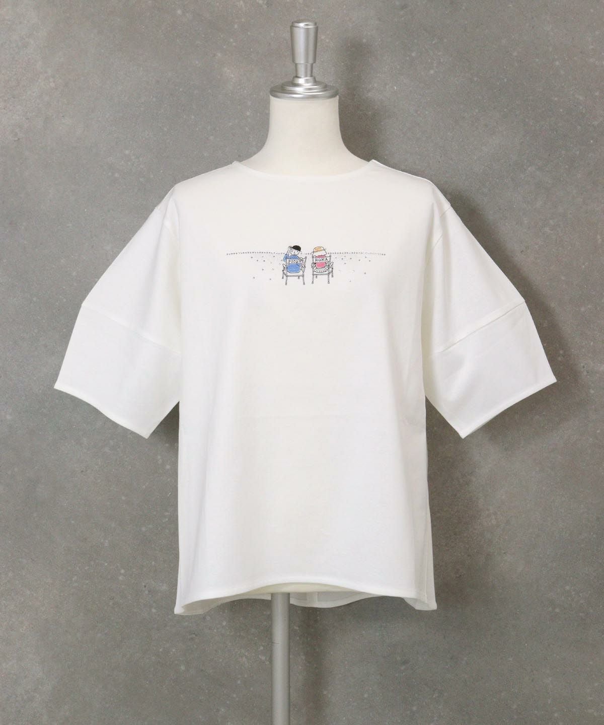 新品 未使用 ピッコーネ 接触冷感 半袖Tシャツ 白地グレー系 L 刺繍ストーンUV冷感Tシャツ|スタジオピッコーネ-アウトレット