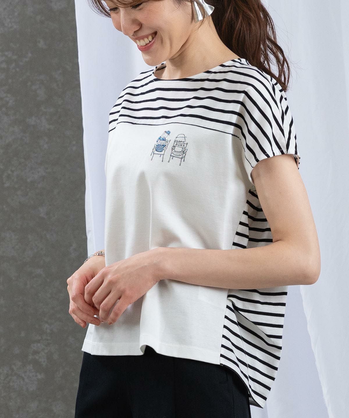 オーガニックコットンTシャツ穴あき 腹出し 柄 オーガニックコットンボーダー切替Tシャツ|スタジオピッコーネ