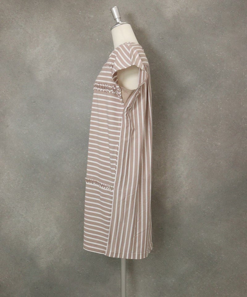 オーガニックコットンボーダーワンピース(ベージュ)横