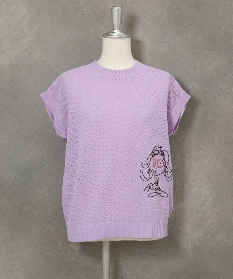 透かし編み刺繍ニットベスト(ライトパープル)
