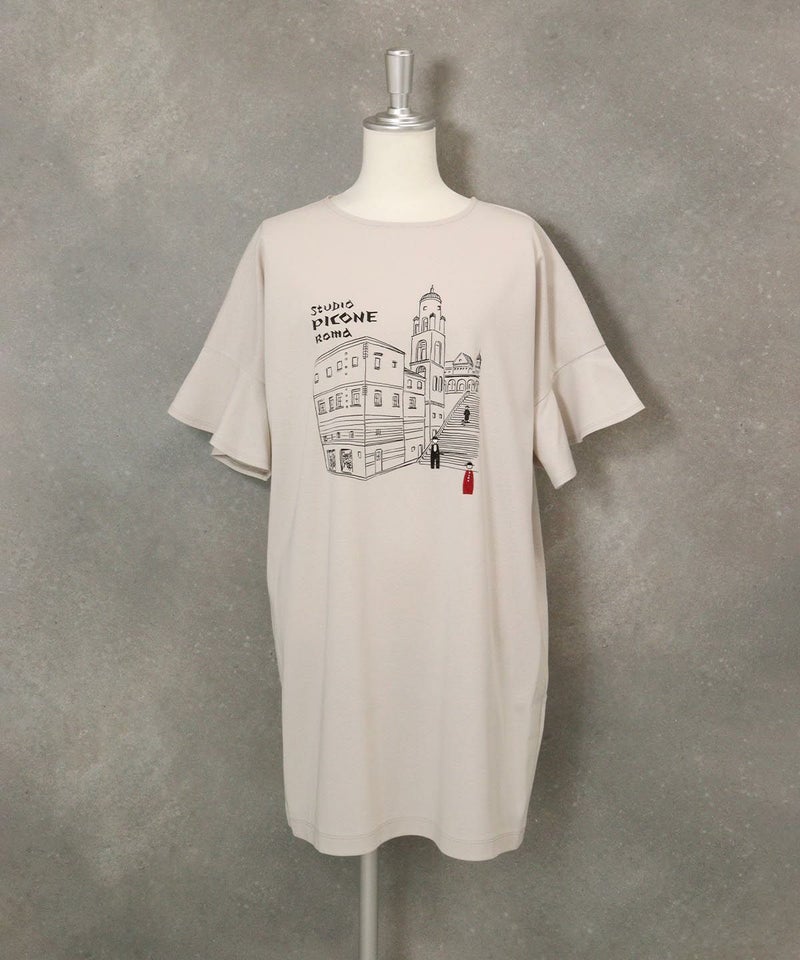 袖フリルイラストチュニック(ベージュ)