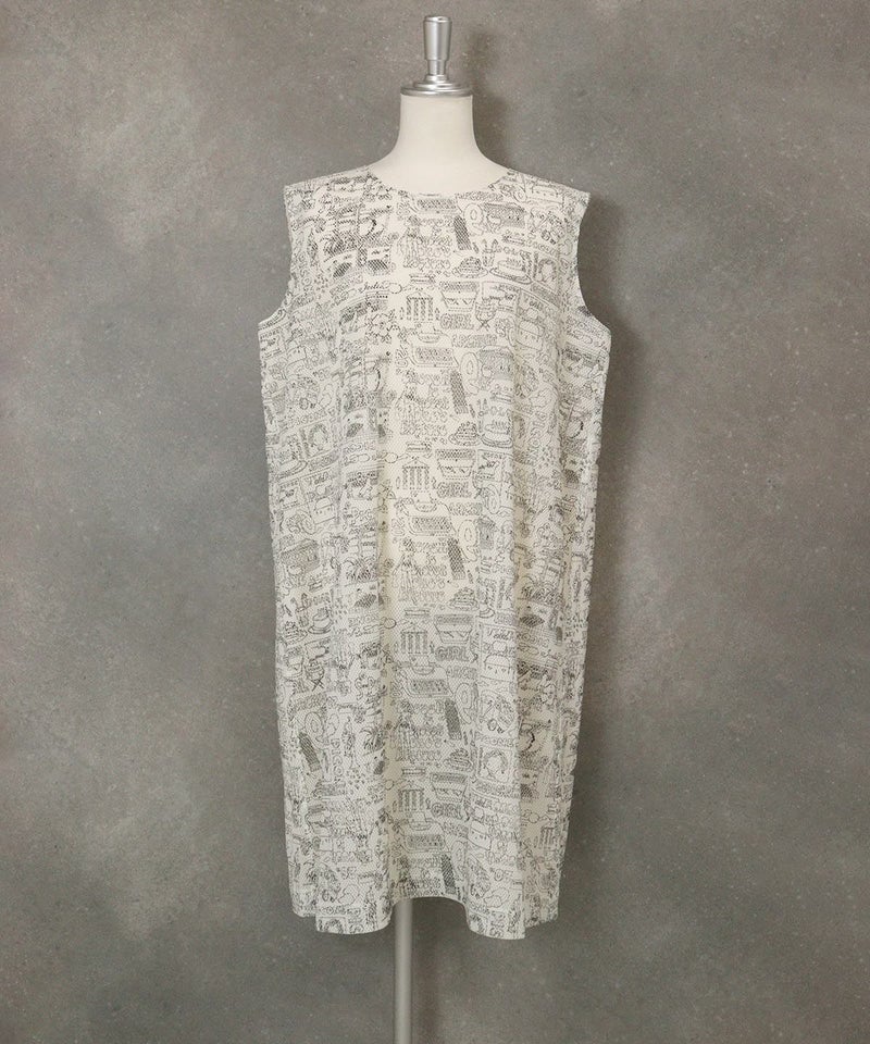 メッシュ地プリントワンピース(ホワイト)
