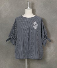 ストライプ柄袖リボン冷感ブラウス(ネイビー)