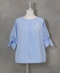 ストライプ柄袖リボン冷感ブラウス(ブルー)