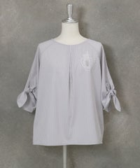 ストライプ柄袖リボン冷感ブラウス(ライトグレー)