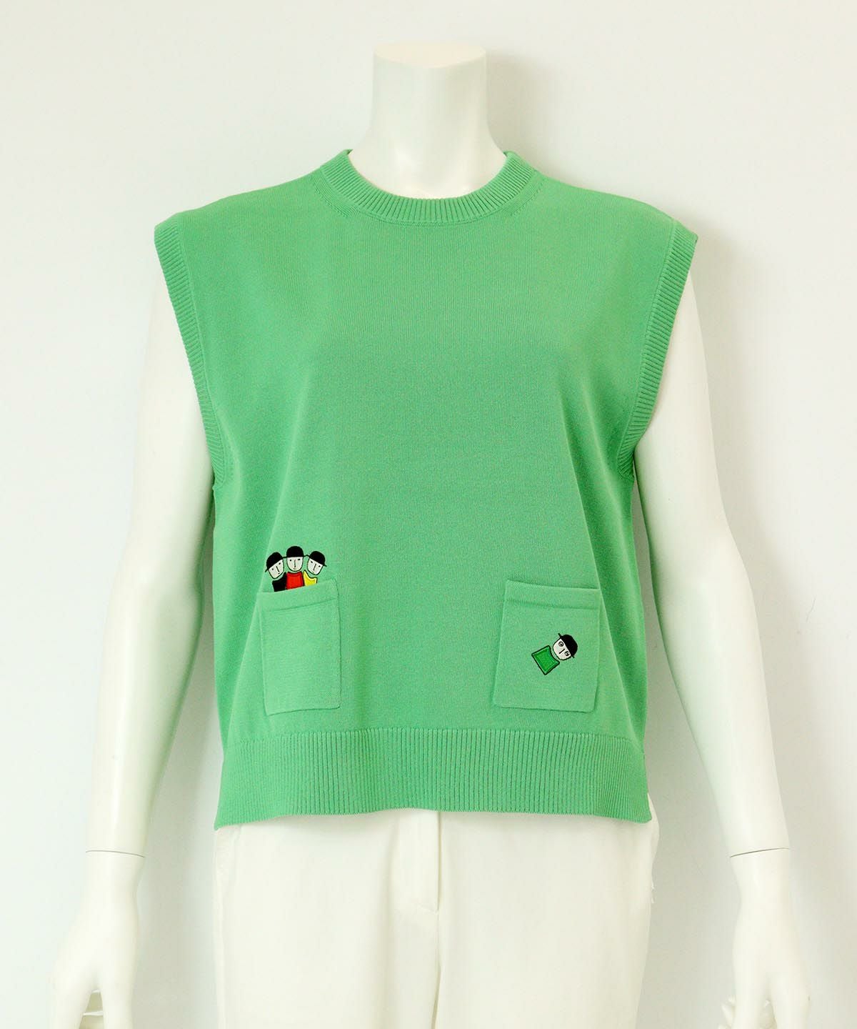 コットン混刺繍ニットベスト（グリーン）