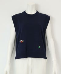 コットン混刺繍ニットベスト（ネイビー）