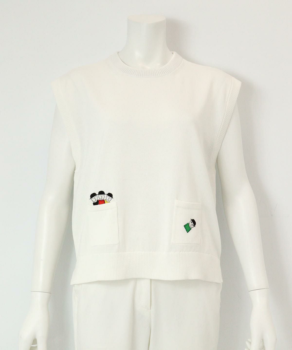 コットン混刺繍ニットベスト（ホワイト）