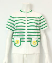 フラワー刺繍ジップカーディガン（ホワイト×グリーン）