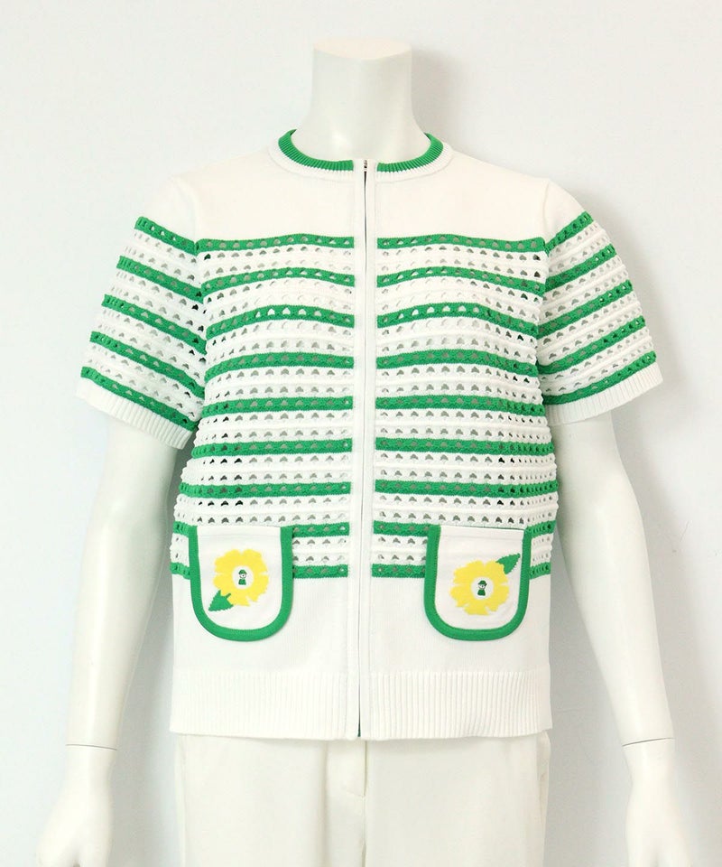 フラワー刺繍ジップカーディガン（ホワイト×グリーン）