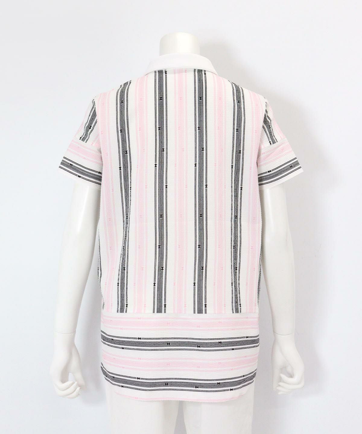 サッカー地ストライプポロシャツ後（ブラック×ピンク）