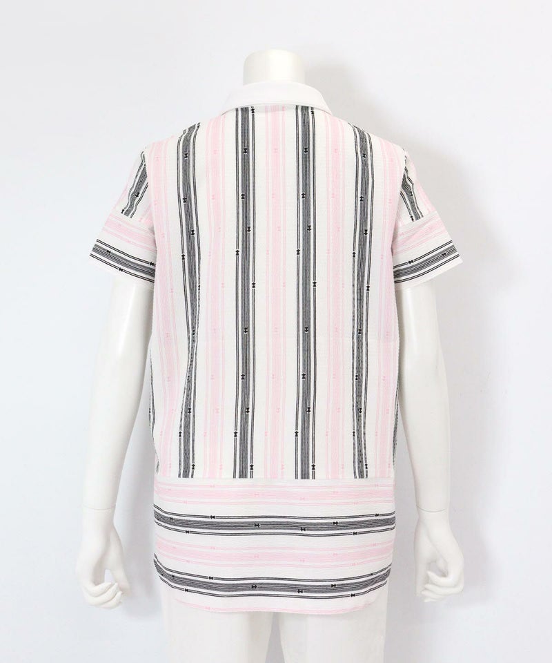 サッカー地ストライプポロシャツ後（ブラック×ピンク）