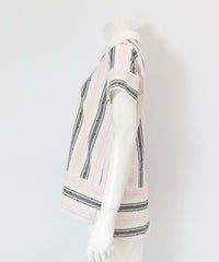 サッカー地ストライプポロシャツ横（ブラック×ピンク）