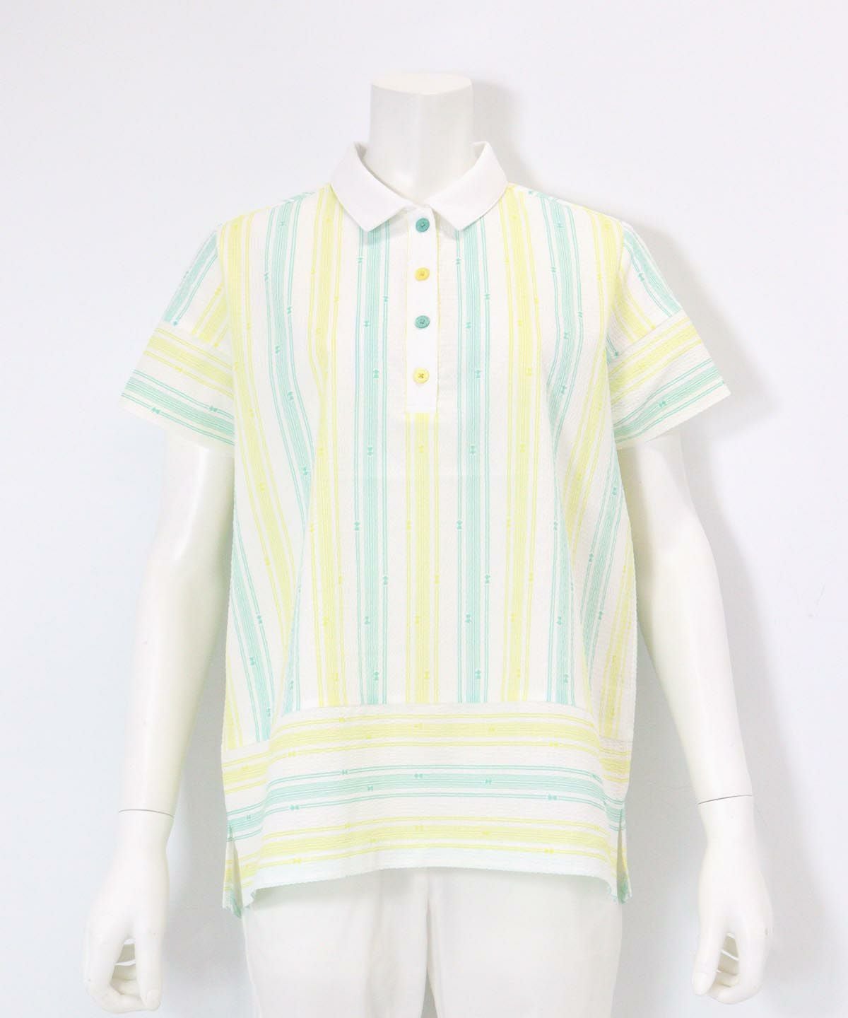 サッカー地ストライプポロシャツ（ライトグリーン×イエロー）