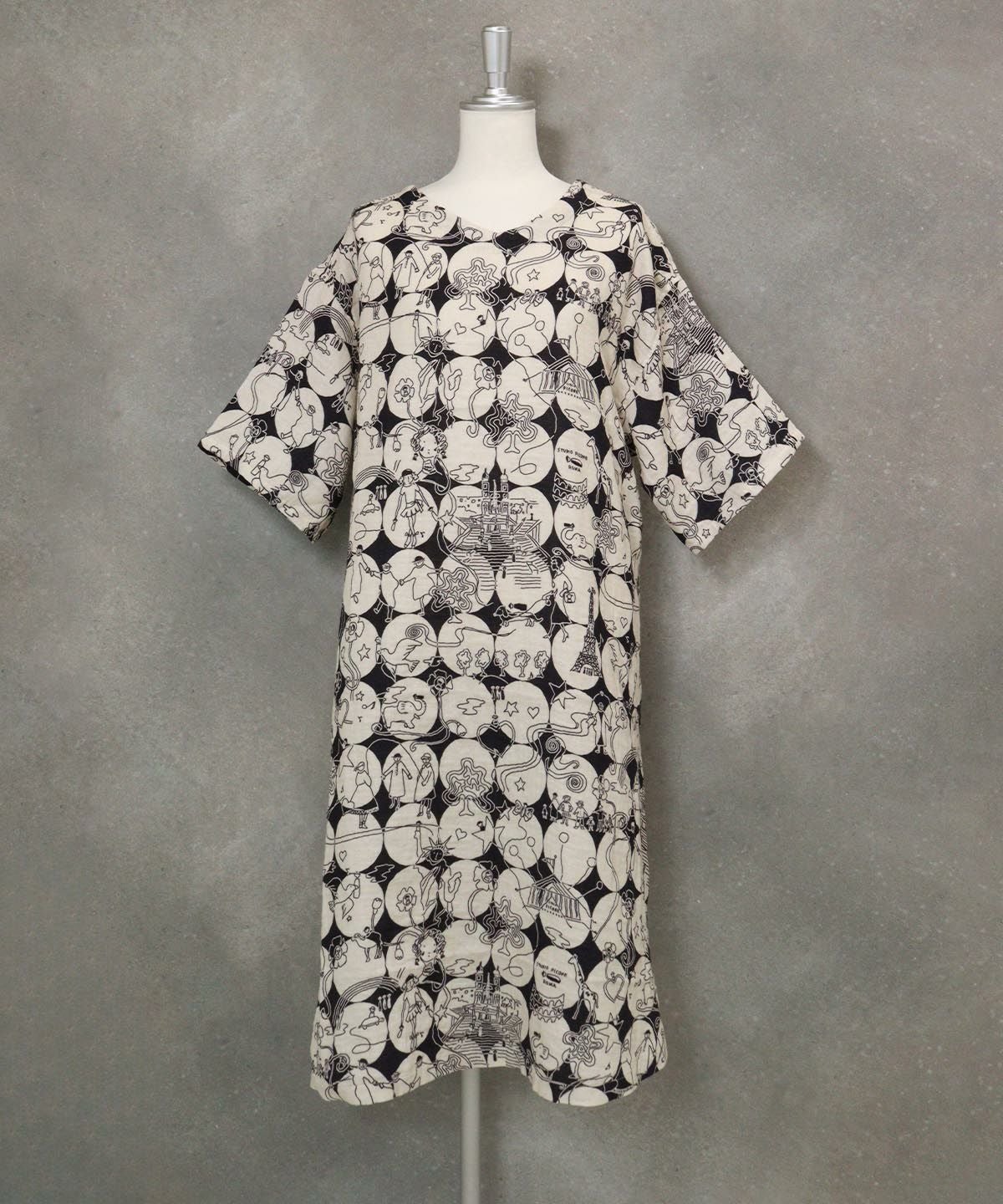 【UCHINOコラボ】サークル柄コットンワンピース(ブラック×ベージュ)