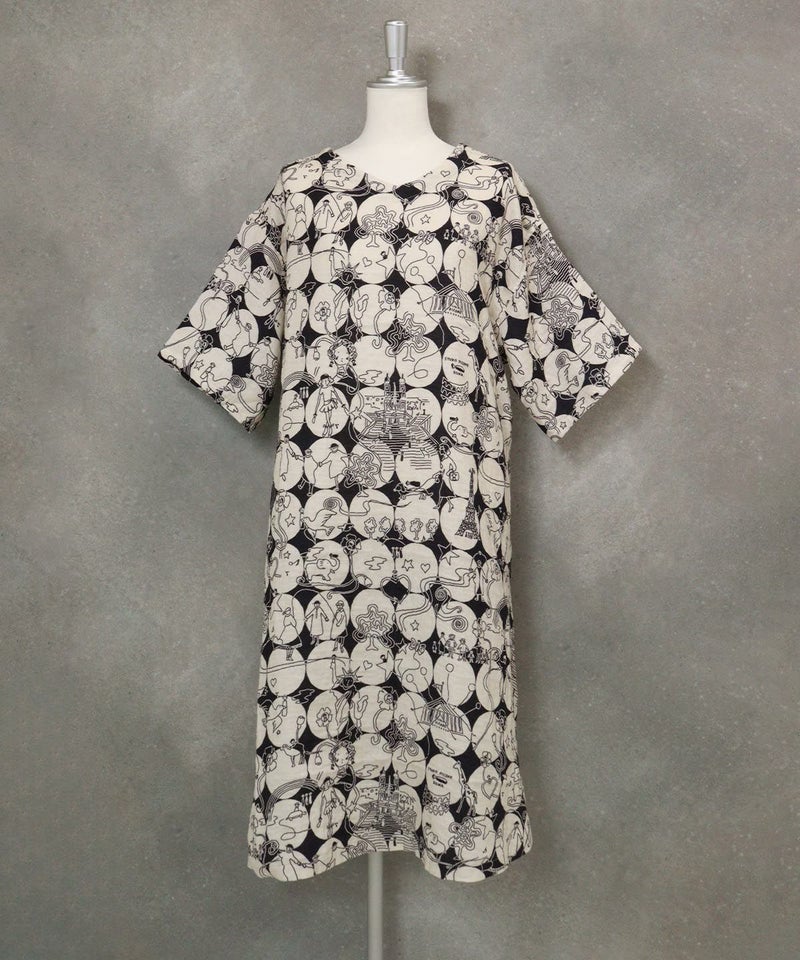 【UCHINOコラボ】サークル柄コットンワンピース(ブラック×ベージュ)