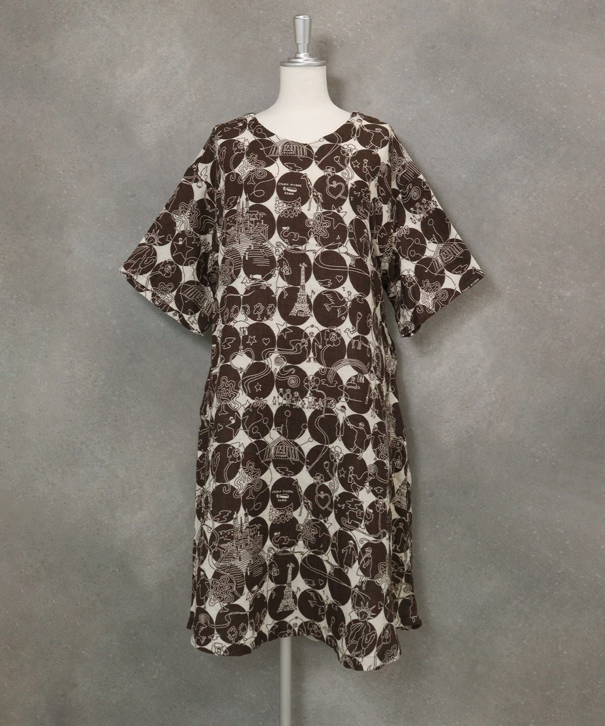 【UCHINOコラボ】サークル柄コットンワンピース(ベージュ×ブラウン)