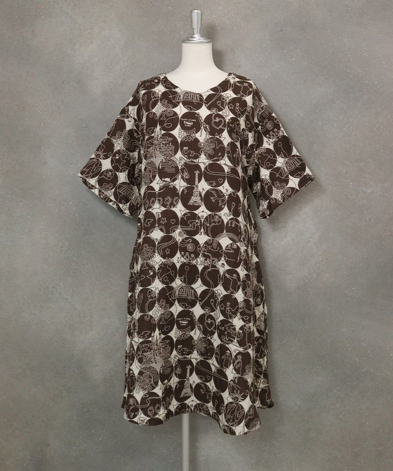 【UCHINOコラボ】サークル柄コットンワンピース(ベージュ×ブラウン)