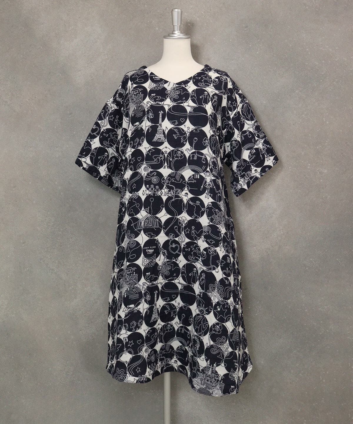 【UCHINOコラボ】サークル柄コットンワンピース(ホワイト×ネイビー)