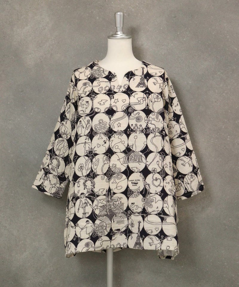【UCHINOコラボ】サークル柄コットンチュニック(ブラック×ベージュ)