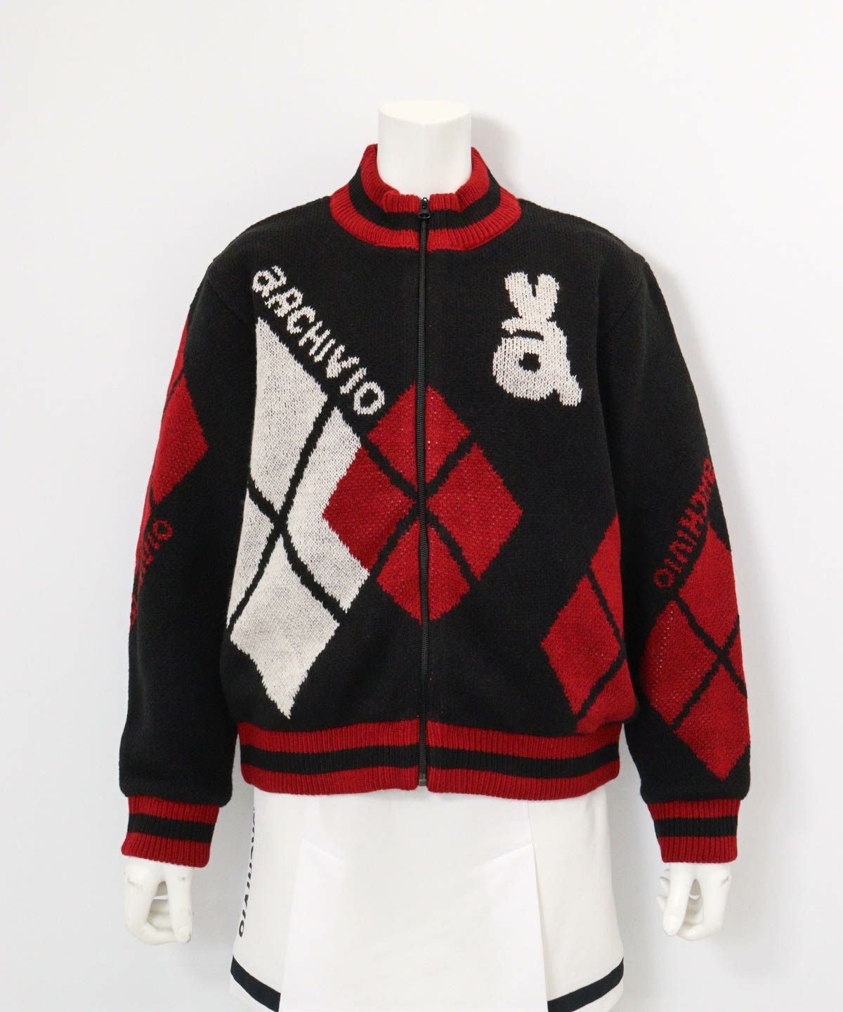 アーガイル柄ニットブルゾン(ブラック)前