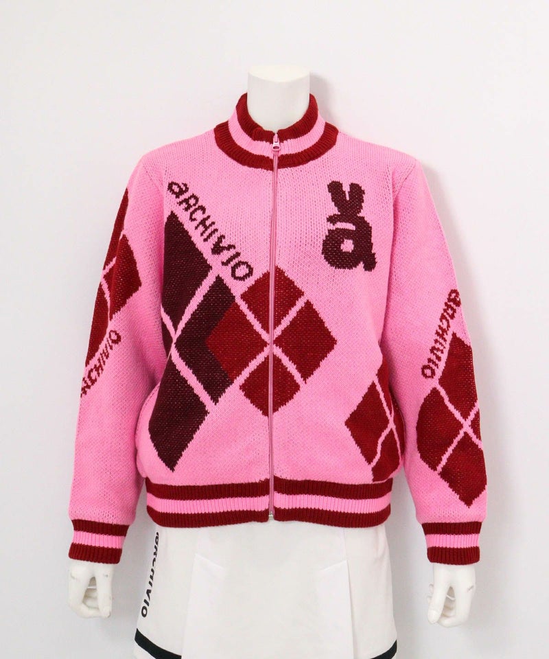 アーガイル柄ニットブルゾン(ピンク)前
