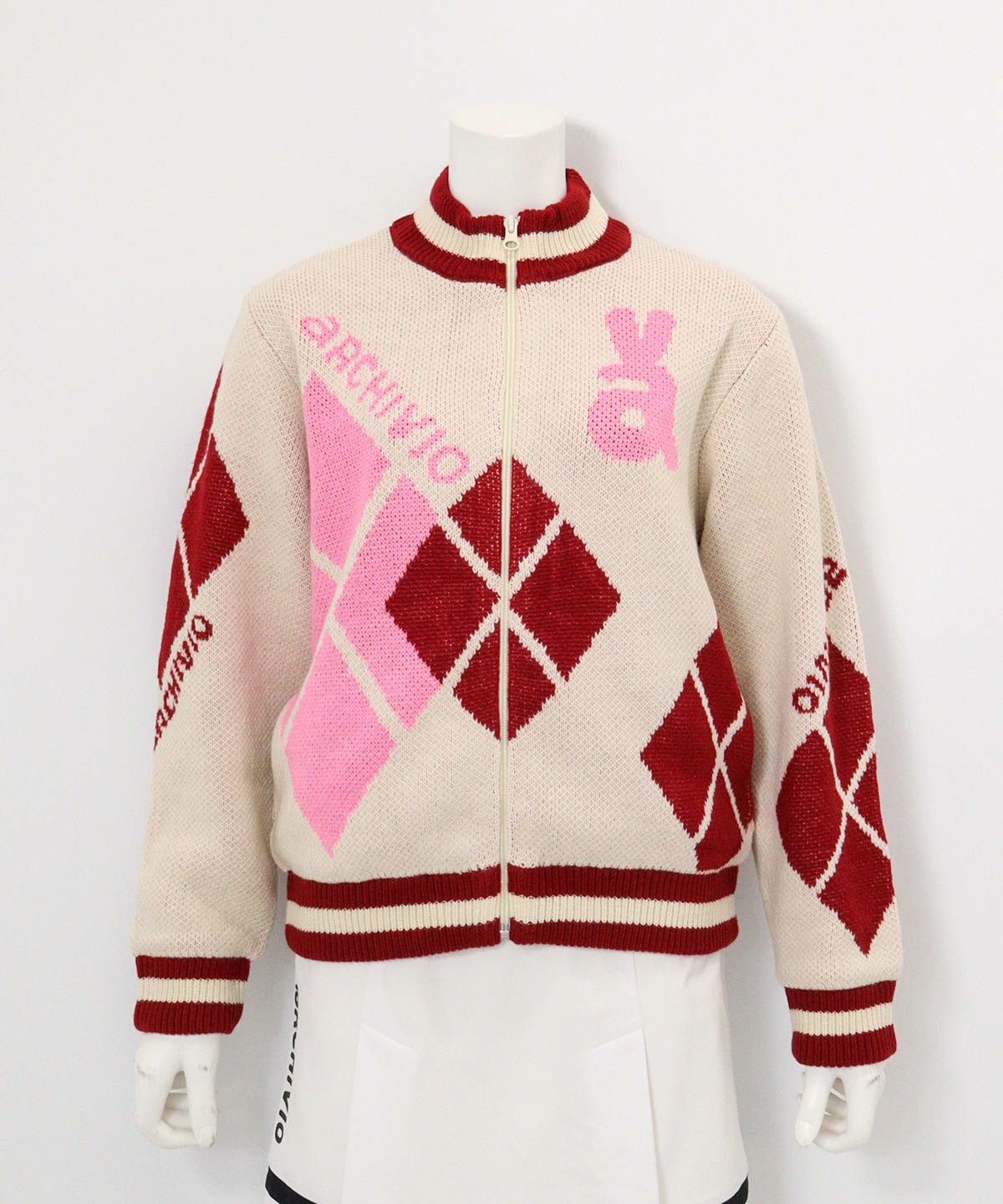 アーガイル柄ニットブルゾン(ホワイト)前