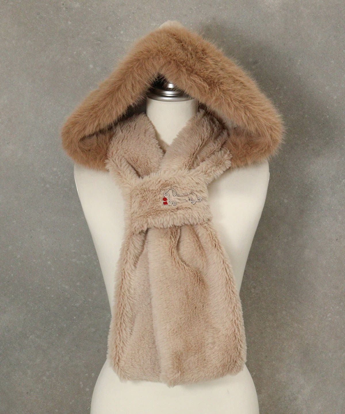 フェイクファーフードマフラー(ベージュ)前