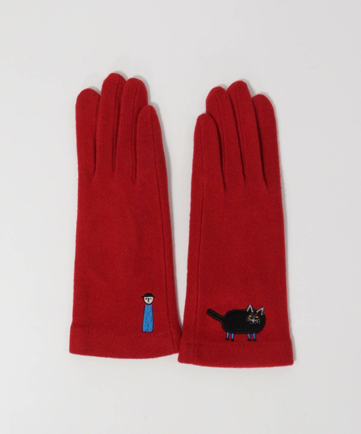 ネコ刺繍手袋（レッド）