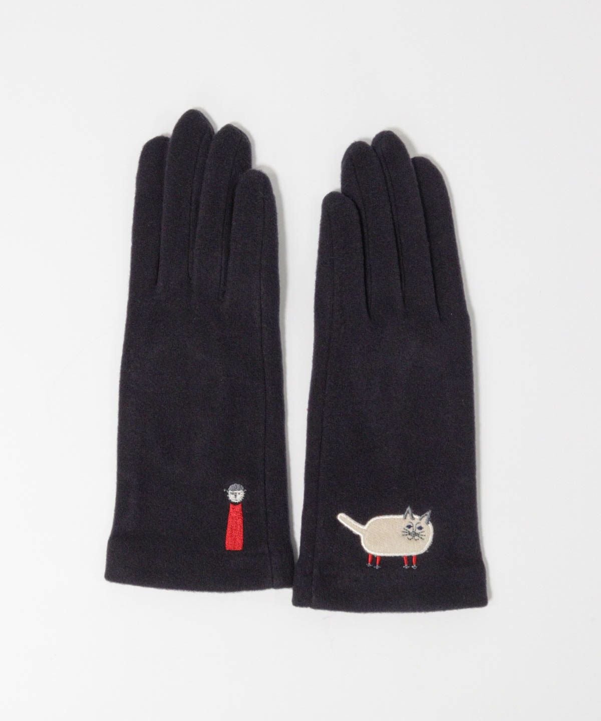 ネコ刺繍手袋（ネイビー）