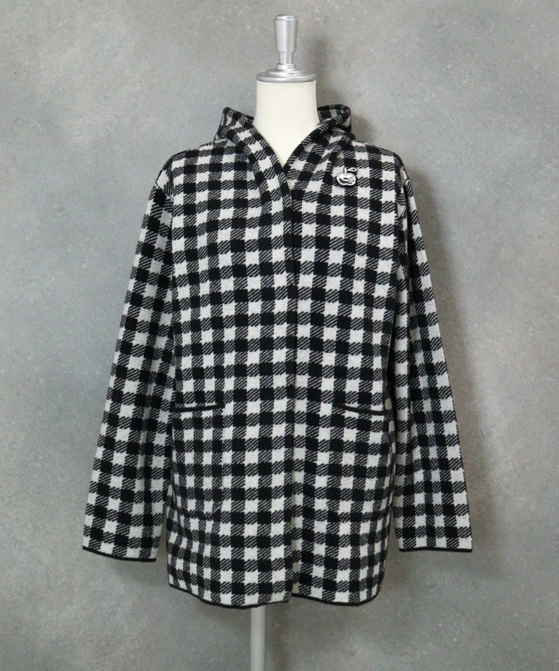 千鳥柄フード付ニットコート（ブラック）