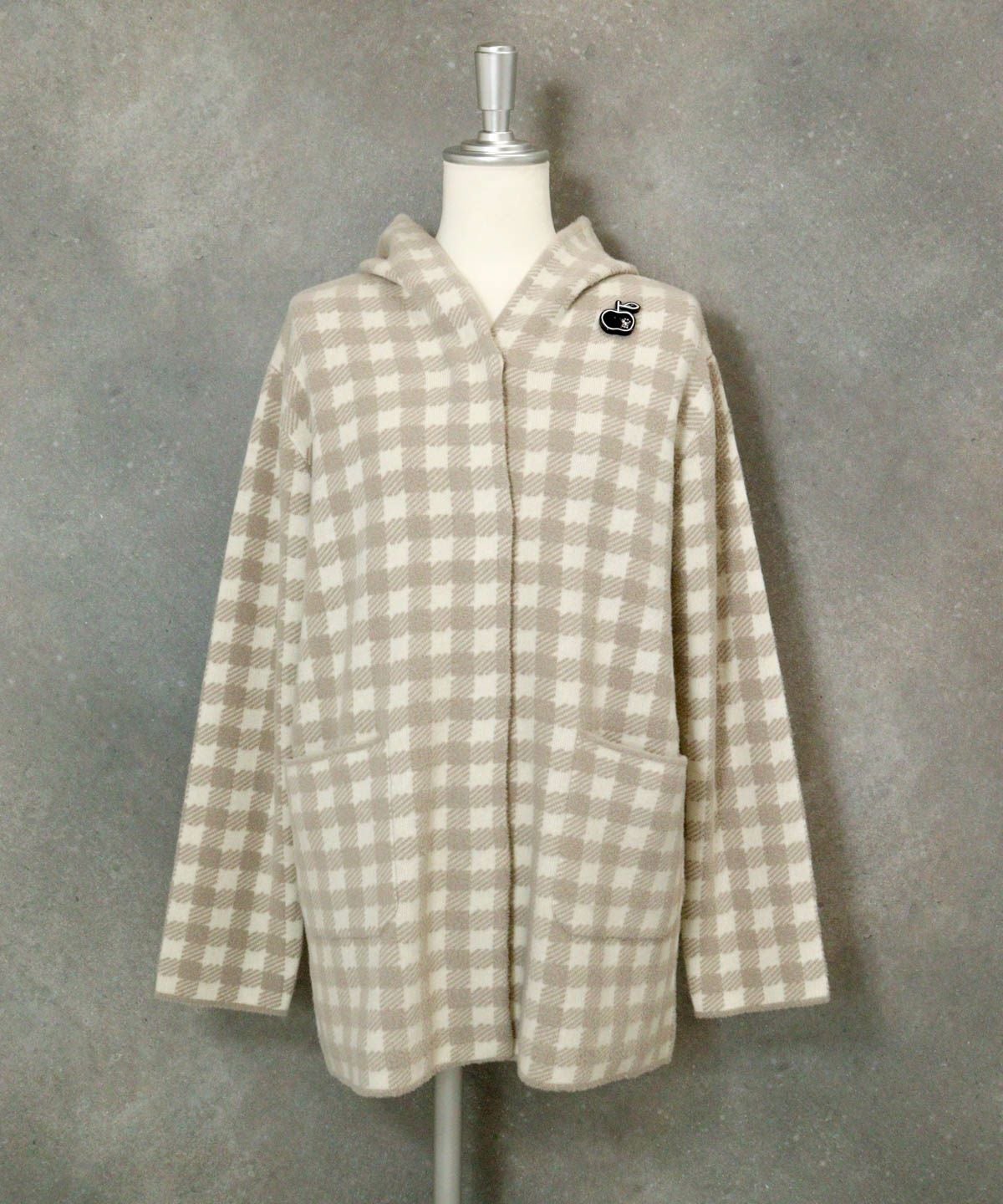 千鳥柄フード付ニットコート（ライトグレー）